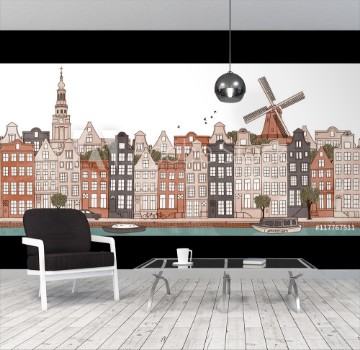 Bild på Amsterdam Netherlands - seamless banner of Amsterdams skyline hand drawn and digitally colored ink illustration